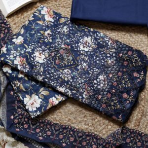 Unstitched Cotton Embroidered Blue Suit Set With Floral Dupatta by pehnawnii