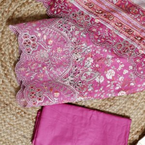 Unstitched Cotton Embroidered Pink Suit Set With Floral Dupatta