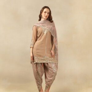 Beige Chiffon Kurta Set with Tulip Pants by pehnawnii