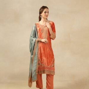 Elegant Embroidered Orange Velvet Suit with Satin Dupatta by Pehnawnii