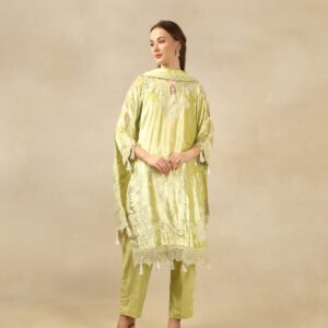 Elegant Pistachio Velvet Kurta Set with Intricate Sleeve Detailing by Pehnawnii