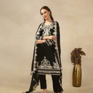 Elegant Black Georgette Suit Set with Intricate White Embroidery by Pehnawnii