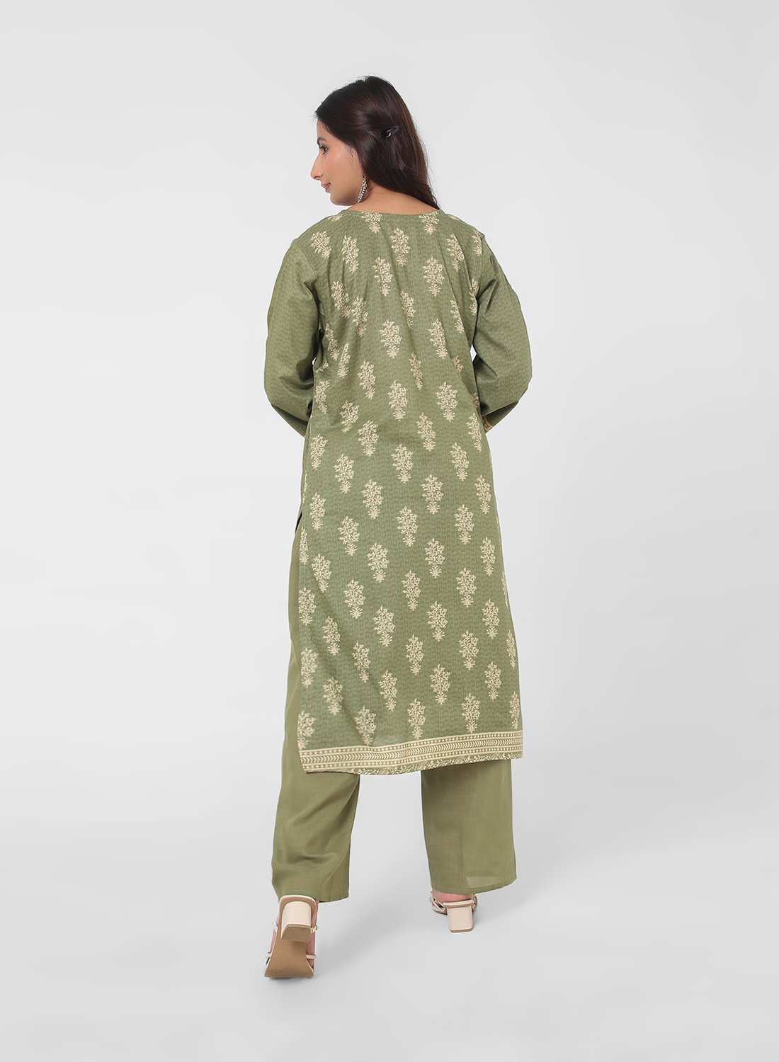 olive green embroidered suit set, cotton kurta pant dupatta, women’s embroidered kurta set, breathable summer ethnic wear, tonal embroidery kurta, office wear cotton suit, daily wear Indian suit, straight fit kurta set, lightweight printed dupatta.
