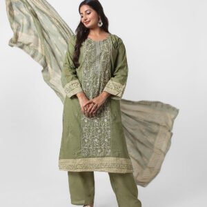 olive green embroidered suit set, cotton kurta pant dupatta, women’s embroidered kurta set, breathable summer ethnic wear, tonal embroidery kurta, office wear cotton suit, daily wear Indian suit, straight fit kurta set, lightweight printed dupatta.