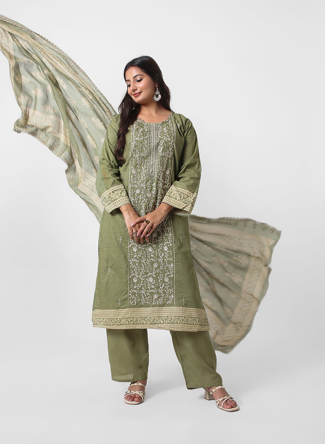 olive green embroidered suit set, cotton kurta pant dupatta, women’s embroidered kurta set, breathable summer ethnic wear, tonal embroidery kurta, office wear cotton suit, daily wear Indian suit, straight fit kurta set, lightweight printed dupatta.