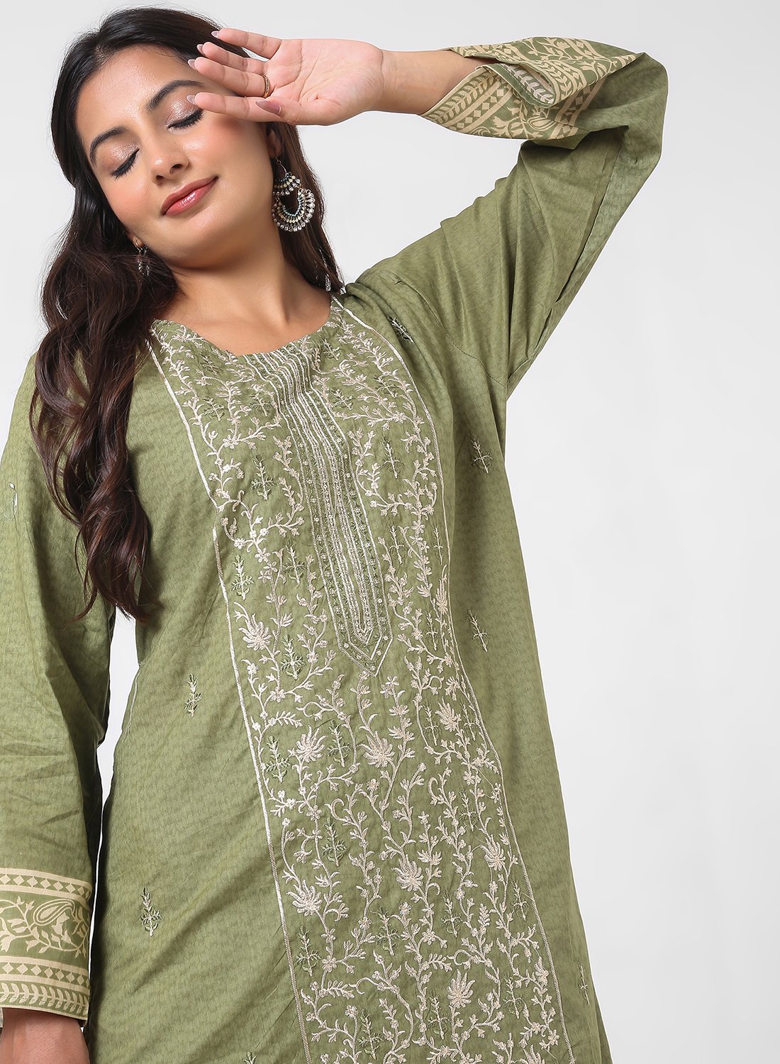 olive green embroidered suit set, cotton kurta pant dupatta, women’s embroidered kurta set, breathable summer ethnic wear, tonal embroidery kurta, office wear cotton suit, daily wear Indian suit, straight fit kurta set, lightweight printed dupatta.