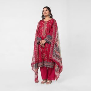 Pehnawnii embroidered Wine red cotton suit set for women, featuring straight‑fit kurta, tapered pants, and printed dupatta styled for festive and office wear.