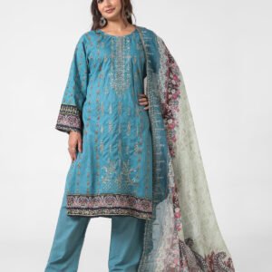teal embroidered suit set, cotton kurta pant dupatta, women’s embroidered kurta set, breathable summer ethnic wear, ornate border kurta, office wear cotton suit, daily wear Indian suit, straight fit kurta set, lightweight printed dupatta.