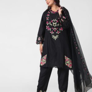 black embroidered suit set, cotton kurta pant dupatta, floral embroidered kurta set, women’s occasion wear suit, evening wear ethnic set, straight fit kurta set, embellished dupatta outfit, festive black suit for women.