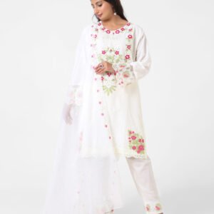 white embroidered suit set, ivory cotton kurta pant dupatta, women’s festive white suit, floral cutwork kurta set, summer ethnic wear for women, straight fit kurta set, embellished sheer dupatta outfit, elegant daytime Indian suit.