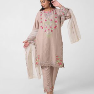 beige embroidered suit set, blush cotton kurta pant dupatta, women’s festive kurta set, floral cutwork kurta, breathable summer ethnic wear, straight fit kurta set, embellished sheer dupatta outfit, neutral occasion wear suit.