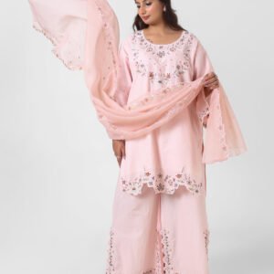 pink palazzo suit set, blush cotton kurta palazzo dupatta, women’s embroidered kurta set, scallop lace kurta, breathable summer ethnic wear, wide‑leg palazzo suit, pastel festive outfit, lightweight embellished dupatta.