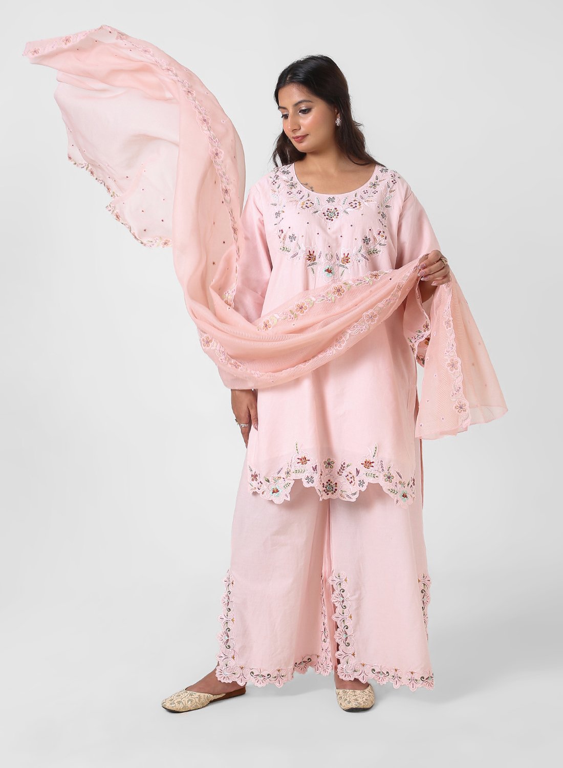 pink palazzo suit set, blush cotton kurta palazzo dupatta, women’s embroidered kurta set, scallop lace kurta, breathable summer ethnic wear, wide‑leg palazzo suit, pastel festive outfit, lightweight embellished dupatta.
