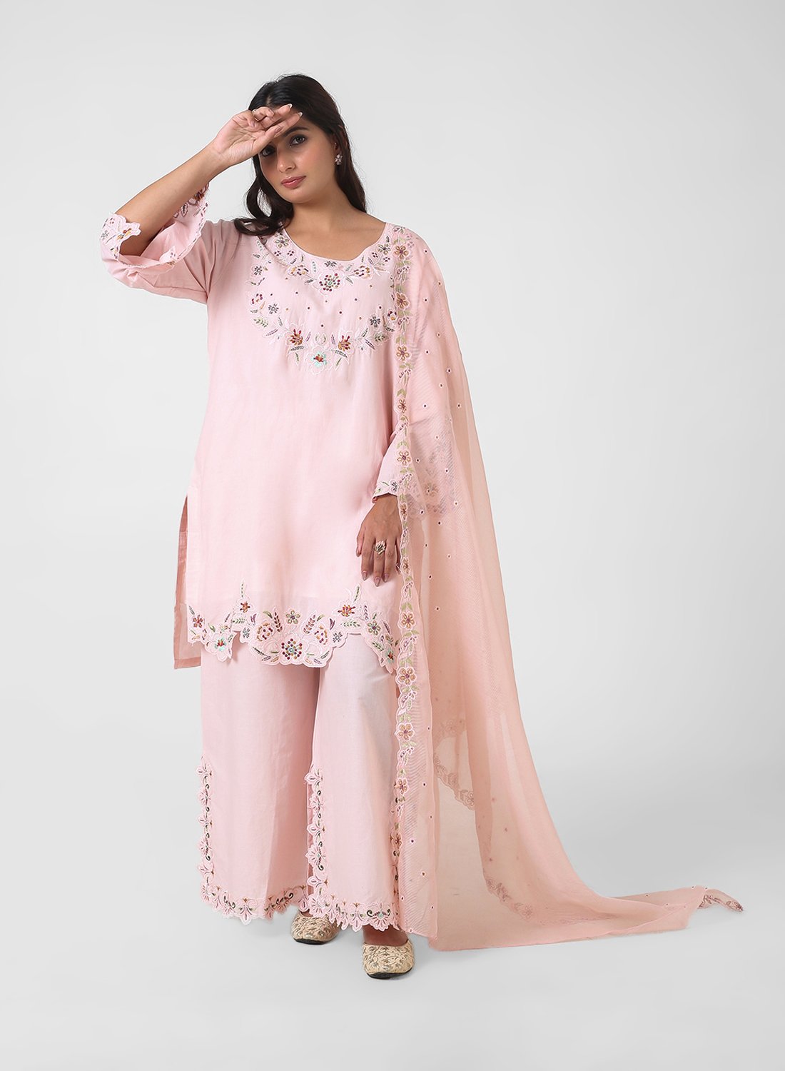 pink palazzo suit set, blush cotton kurta palazzo dupatta, women’s embroidered kurta set, scallop lace kurta, breathable summer ethnic wear, wide‑leg palazzo suit, pastel festive outfit, lightweight embellished dupatta.