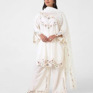 ivory palazzo suit set, white cotton kurta palazzo dupatta, women’s embroidered kurta set, scallop lace kurta, breathable summer ethnic wear, wide‑leg palazzo suit, festive white outfit, lightweight embellished dupatta.