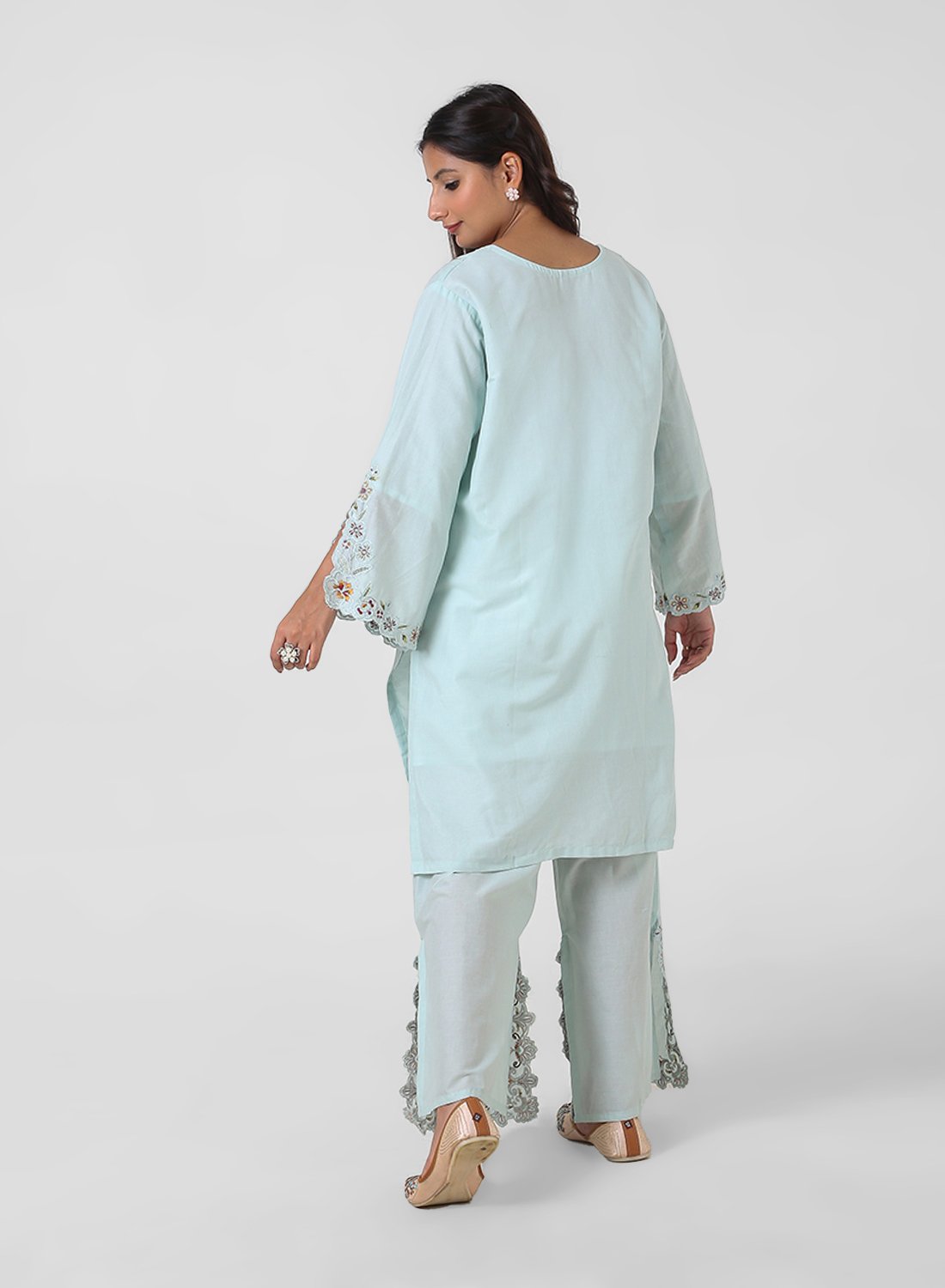 mint green palazzo suit set, cotton kurta palazzo dupatta, women’s embroidered kurta set, scallop lace kurta, breathable summer ethnic wear, wide‑leg palazzo suit, pastel festive outfit, lightweight embellished dupatta.