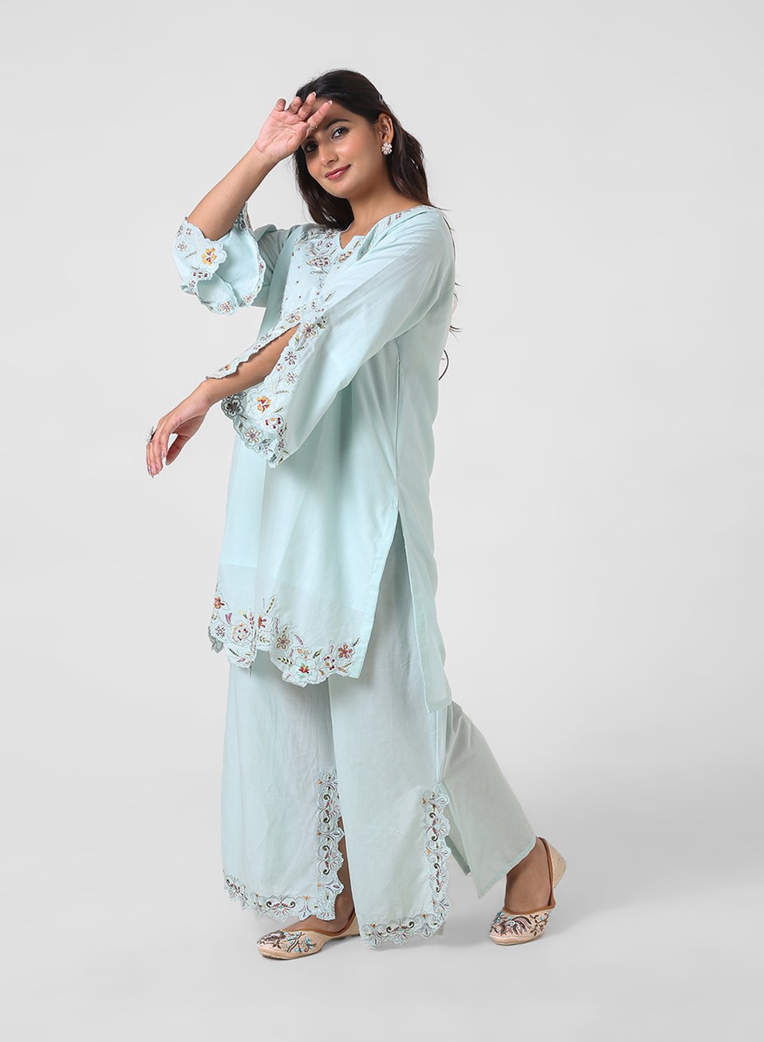 mint green palazzo suit set, cotton kurta palazzo dupatta, women’s embroidered kurta set, scallop lace kurta, breathable summer ethnic wear, wide‑leg palazzo suit, pastel festive outfit, lightweight embellished dupatta.