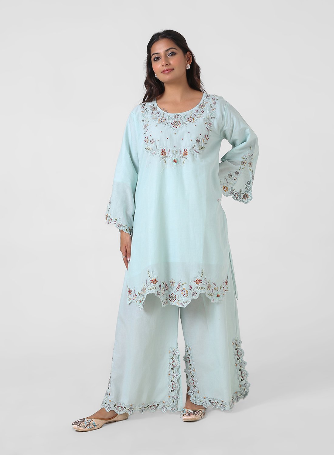 mint green palazzo suit set, cotton kurta palazzo dupatta, women’s embroidered kurta set, scallop lace kurta, breathable summer ethnic wear, wide‑leg palazzo suit, pastel festive outfit, lightweight embellished dupatta.