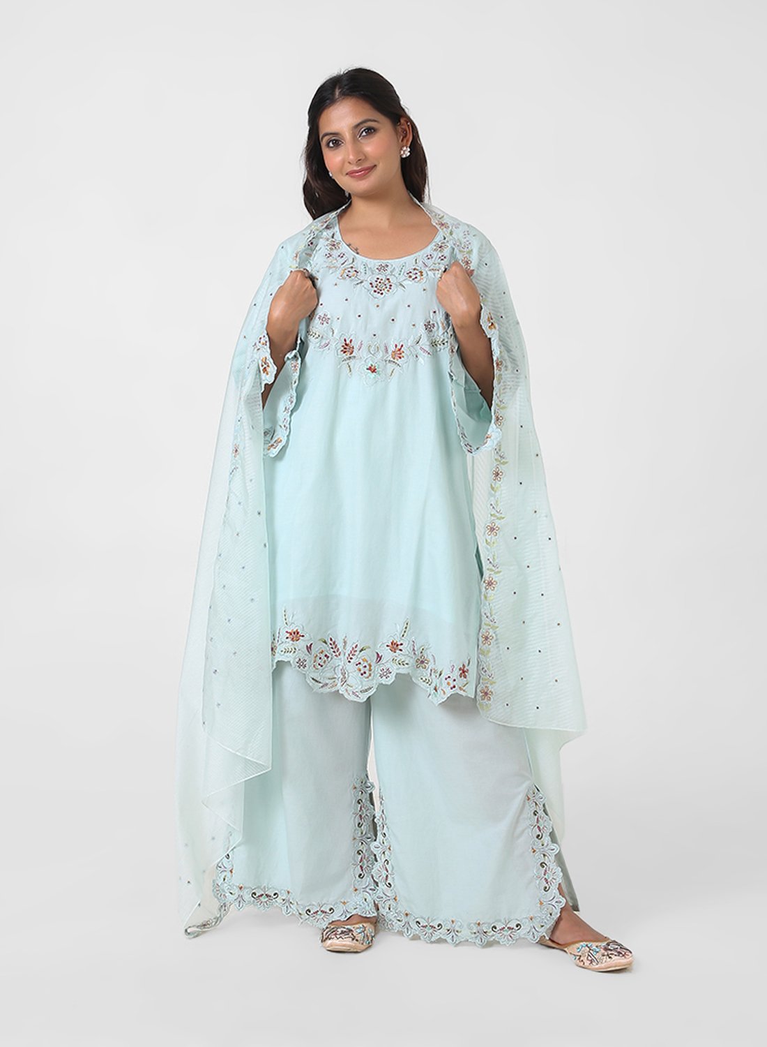 mint green palazzo suit set, cotton kurta palazzo dupatta, women’s embroidered kurta set, scallop lace kurta, breathable summer ethnic wear, wide‑leg palazzo suit, pastel festive outfit, lightweight embellished dupatta.