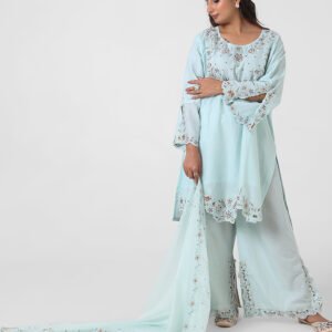 mint green palazzo suit set, cotton kurta palazzo dupatta, women’s embroidered kurta set, scallop lace kurta, breathable summer ethnic wear, wide‑leg palazzo suit, pastel festive outfit, lightweight embellished dupatta.