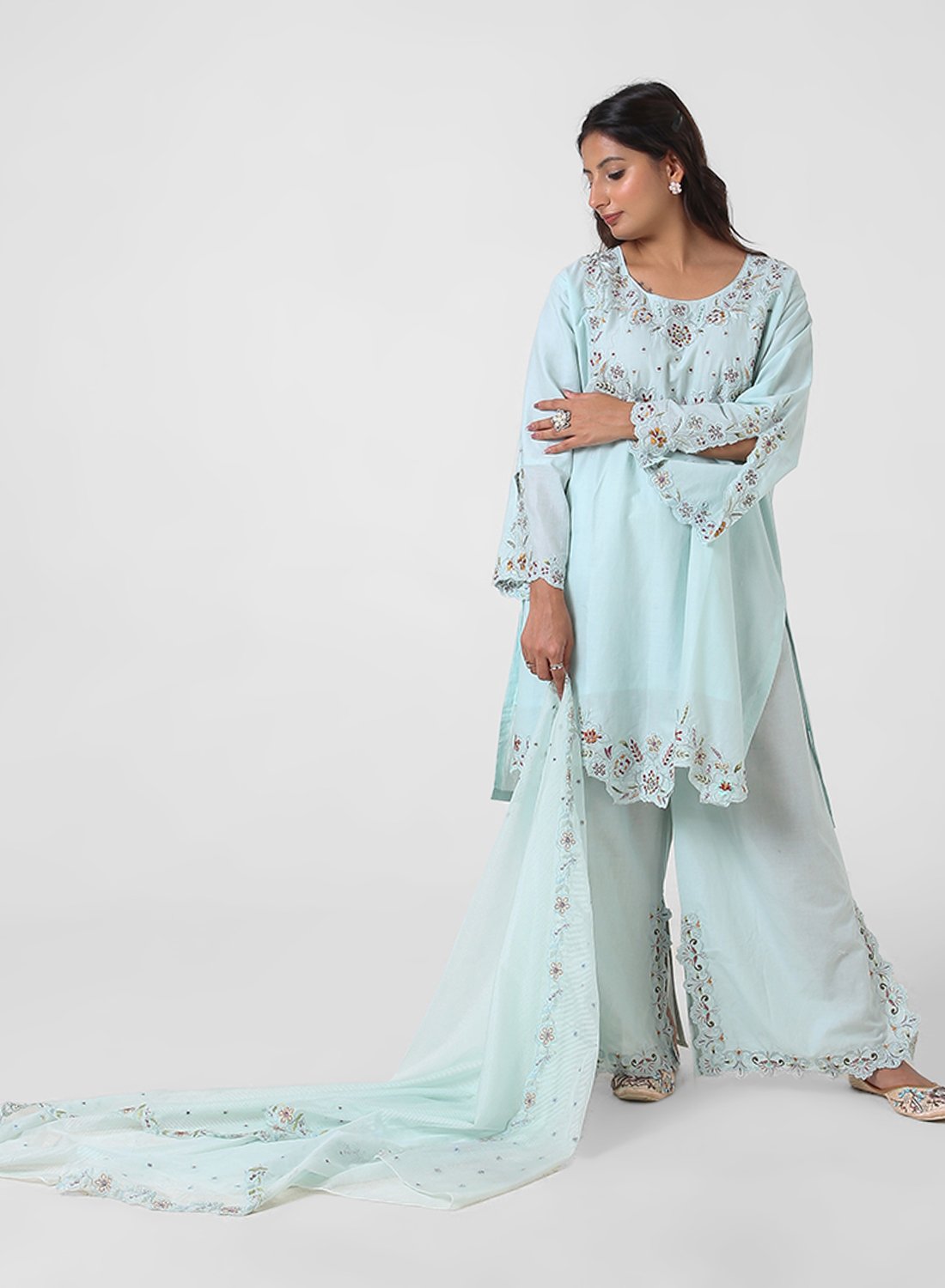 mint green palazzo suit set, cotton kurta palazzo dupatta, women’s embroidered kurta set, scallop lace kurta, breathable summer ethnic wear, wide‑leg palazzo suit, pastel festive outfit, lightweight embellished dupatta.