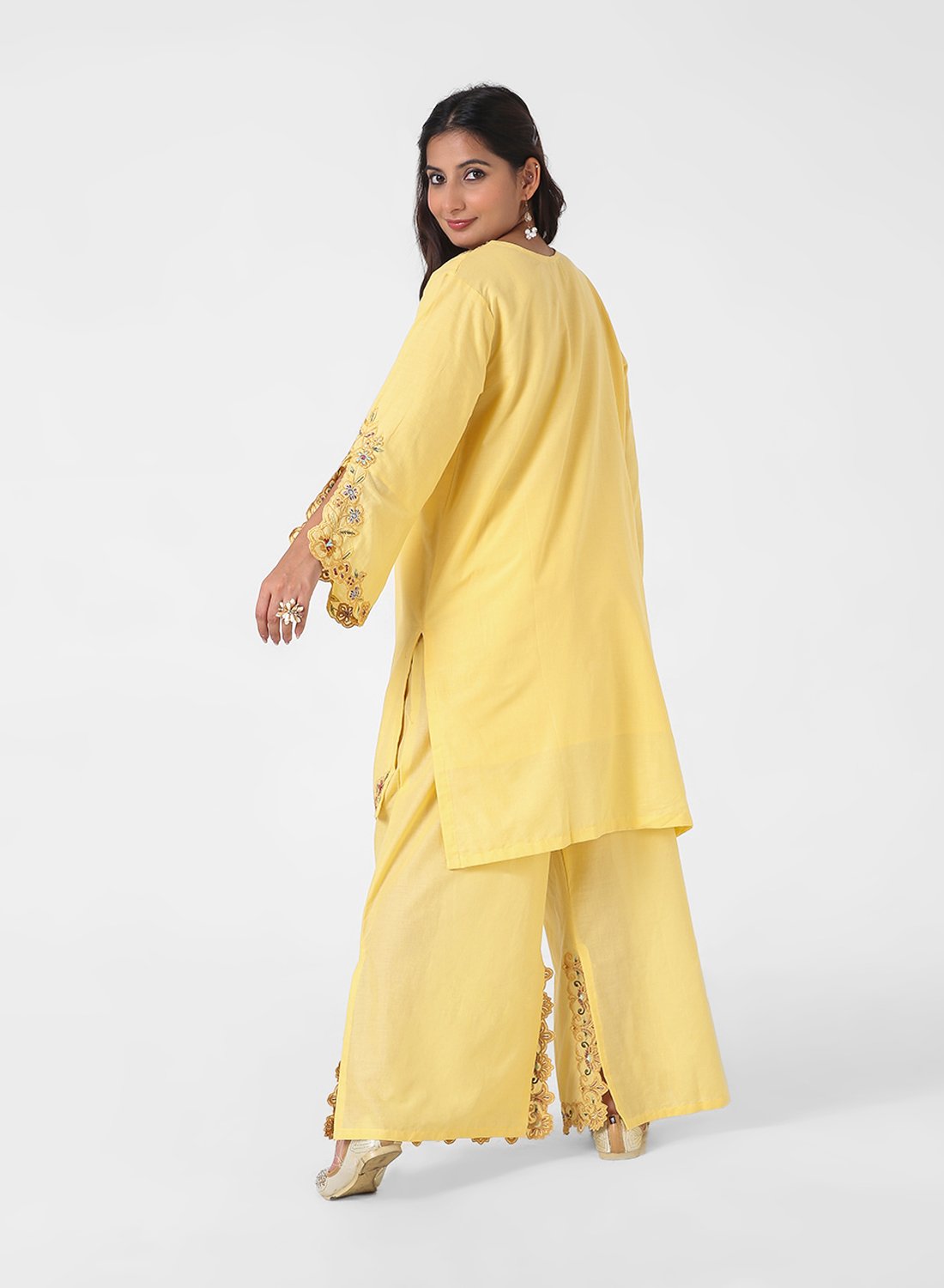 yellow palazzo suit set, cotton kurta palazzo dupatta, women’s embroidered kurta set, scallop lace kurta, breathable summer ethnic wear, wide‑leg palazzo suit, vibrant festive outfit, lightweight embellished dupatta.