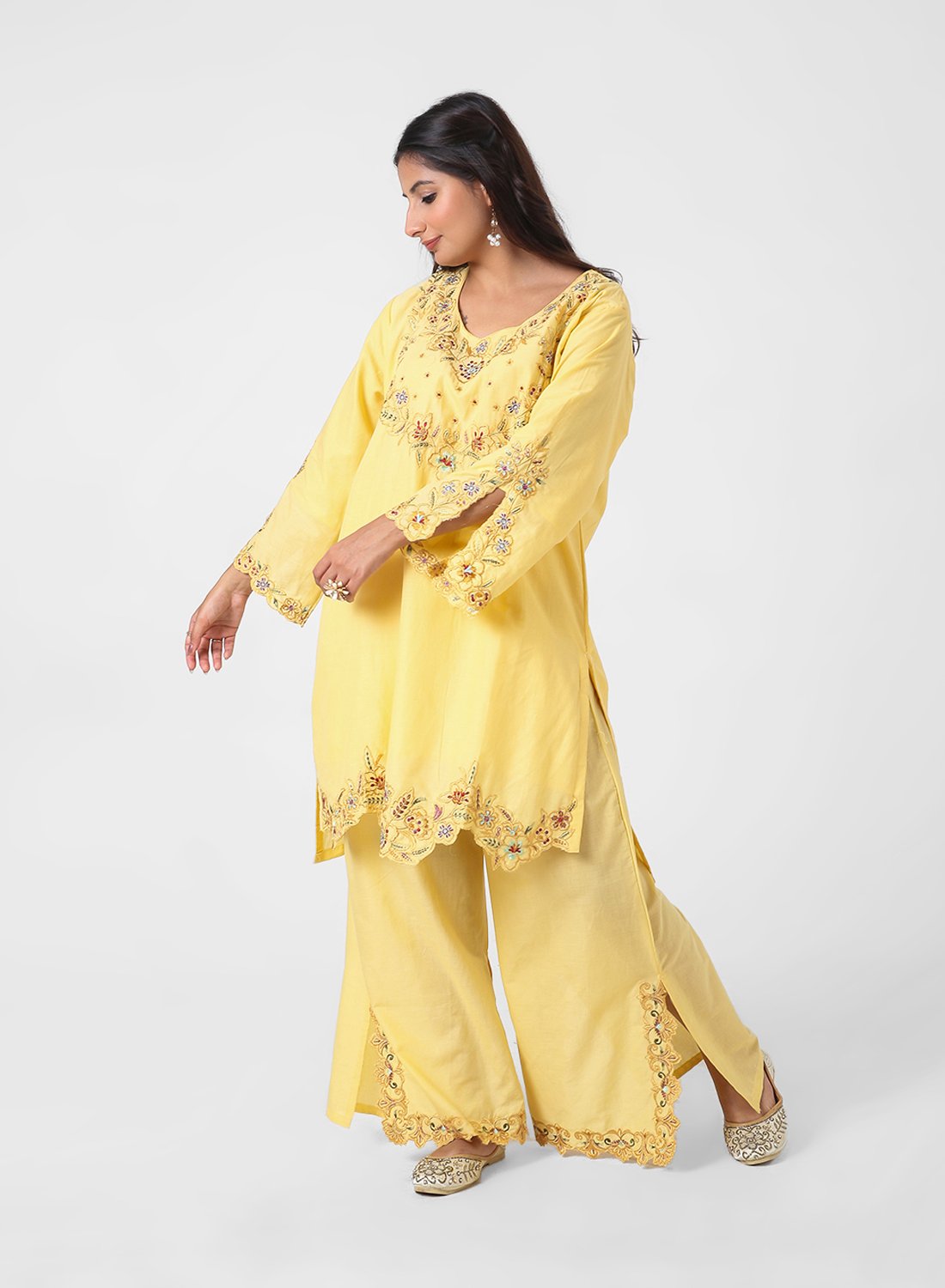 yellow palazzo suit set, cotton kurta palazzo dupatta, women’s embroidered kurta set, scallop lace kurta, breathable summer ethnic wear, wide‑leg palazzo suit, vibrant festive outfit, lightweight embellished dupatta.
