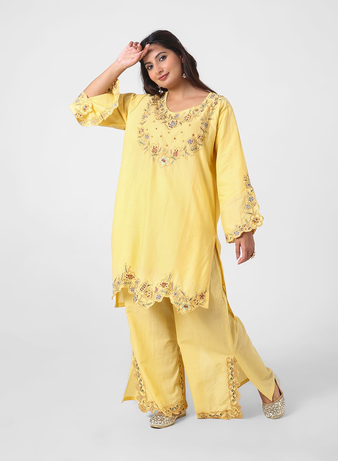 yellow palazzo suit set, cotton kurta palazzo dupatta, women’s embroidered kurta set, scallop lace kurta, breathable summer ethnic wear, wide‑leg palazzo suit, vibrant festive outfit, lightweight embellished dupatta.