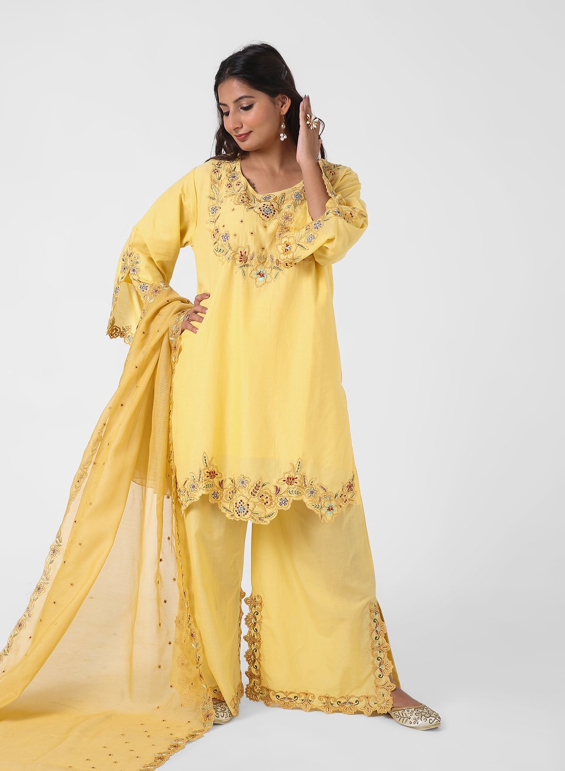yellow palazzo suit set, cotton kurta palazzo dupatta, women’s embroidered kurta set, scallop lace kurta, breathable summer ethnic wear, wide‑leg palazzo suit, vibrant festive outfit, lightweight embellished dupatta.