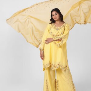 yellow palazzo suit set, cotton kurta palazzo dupatta, women’s embroidered kurta set, scallop lace kurta, breathable summer ethnic wear, wide‑leg palazzo suit, vibrant festive outfit, lightweight embellished dupatta.