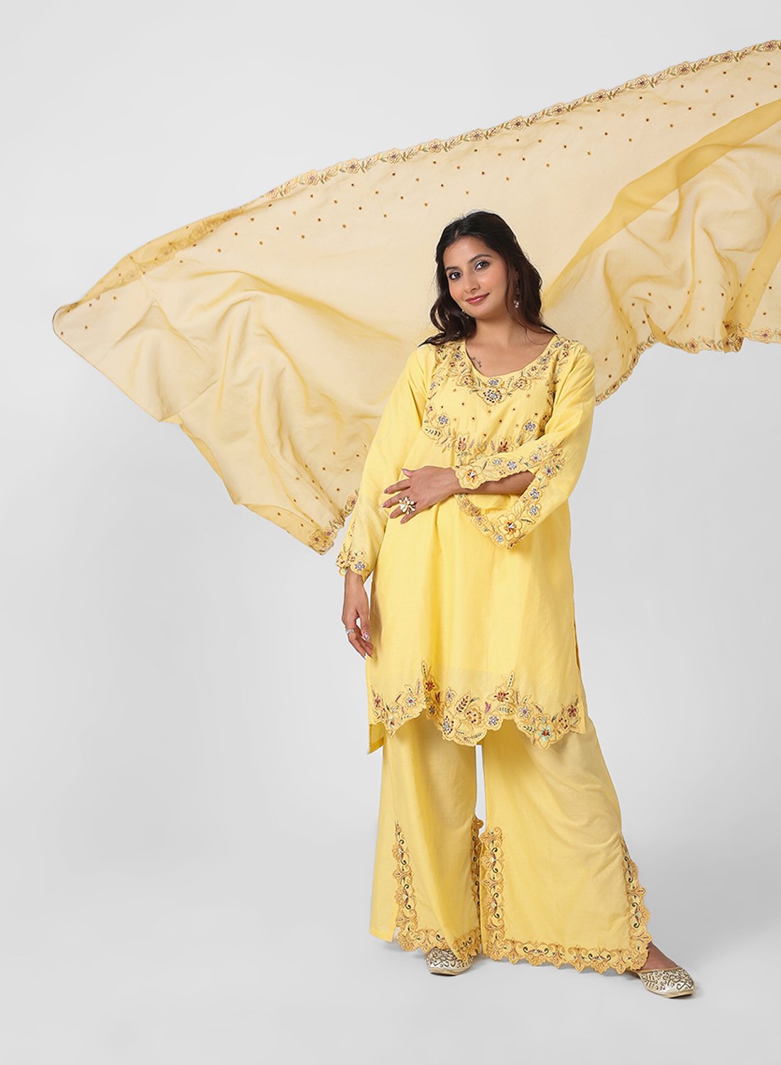 yellow palazzo suit set, cotton kurta palazzo dupatta, women’s embroidered kurta set, scallop lace kurta, breathable summer ethnic wear, wide‑leg palazzo suit, vibrant festive outfit, lightweight embellished dupatta.