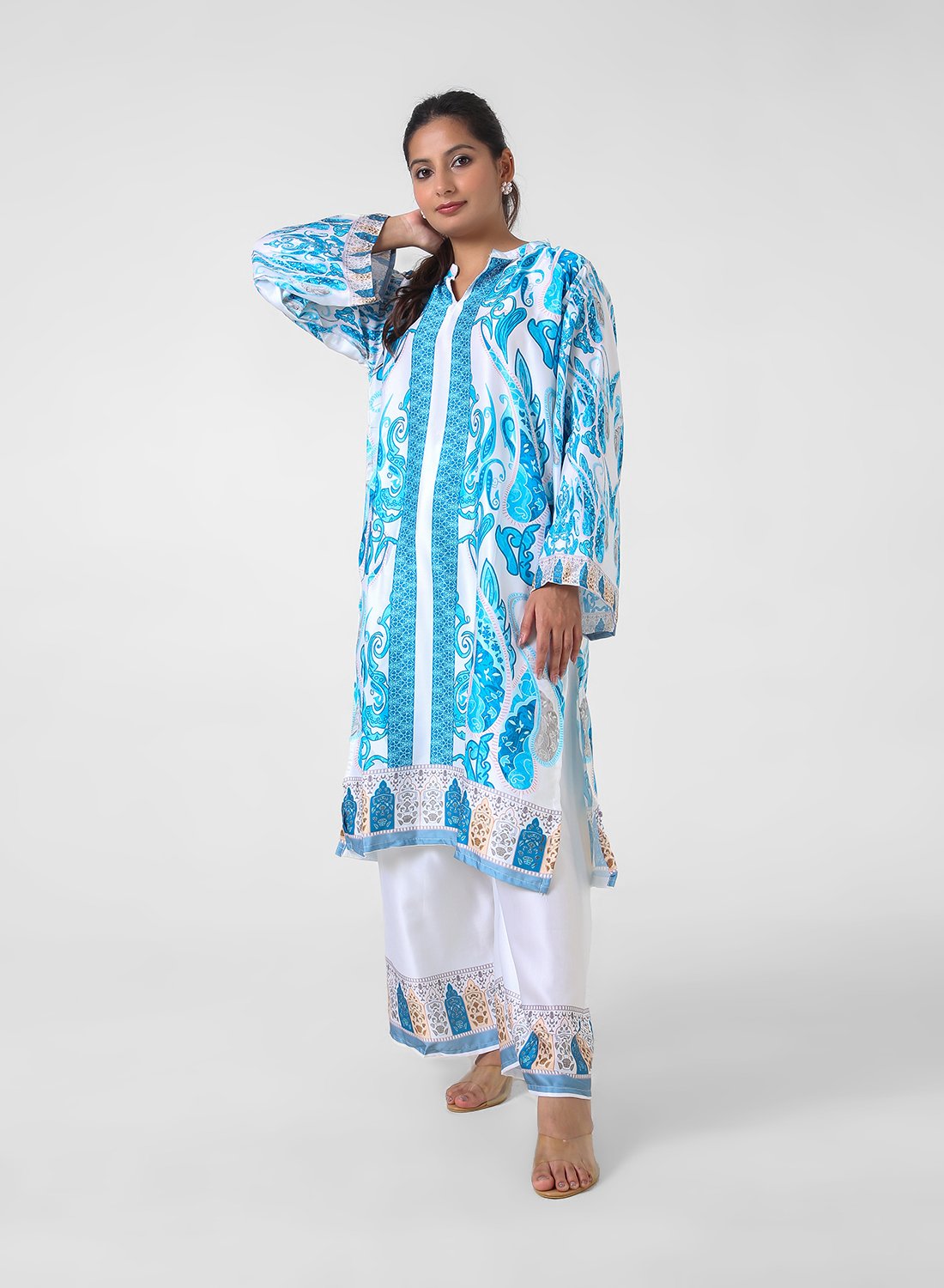 White And Aqua Printed Cotton Co-Ord Set For Women - Image 4