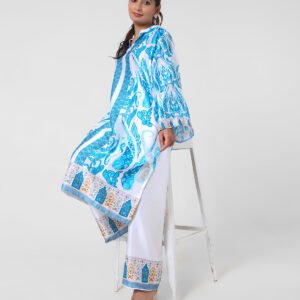 white printed kurta set, aqua print cotton kurta pants, summer cotton co‑ord set, breathable everyday ethnic wear, border print kurta, lightweight travel outfit for women, straight pants kurta set.