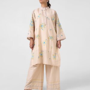 peach embroidered kurta set, cotton kurta palazzo for women, mandarin collar kurta, breathable summer ethnic wear, floral threadwork kurta, wide‑leg palazzo co‑ord, everyday office wear set.
