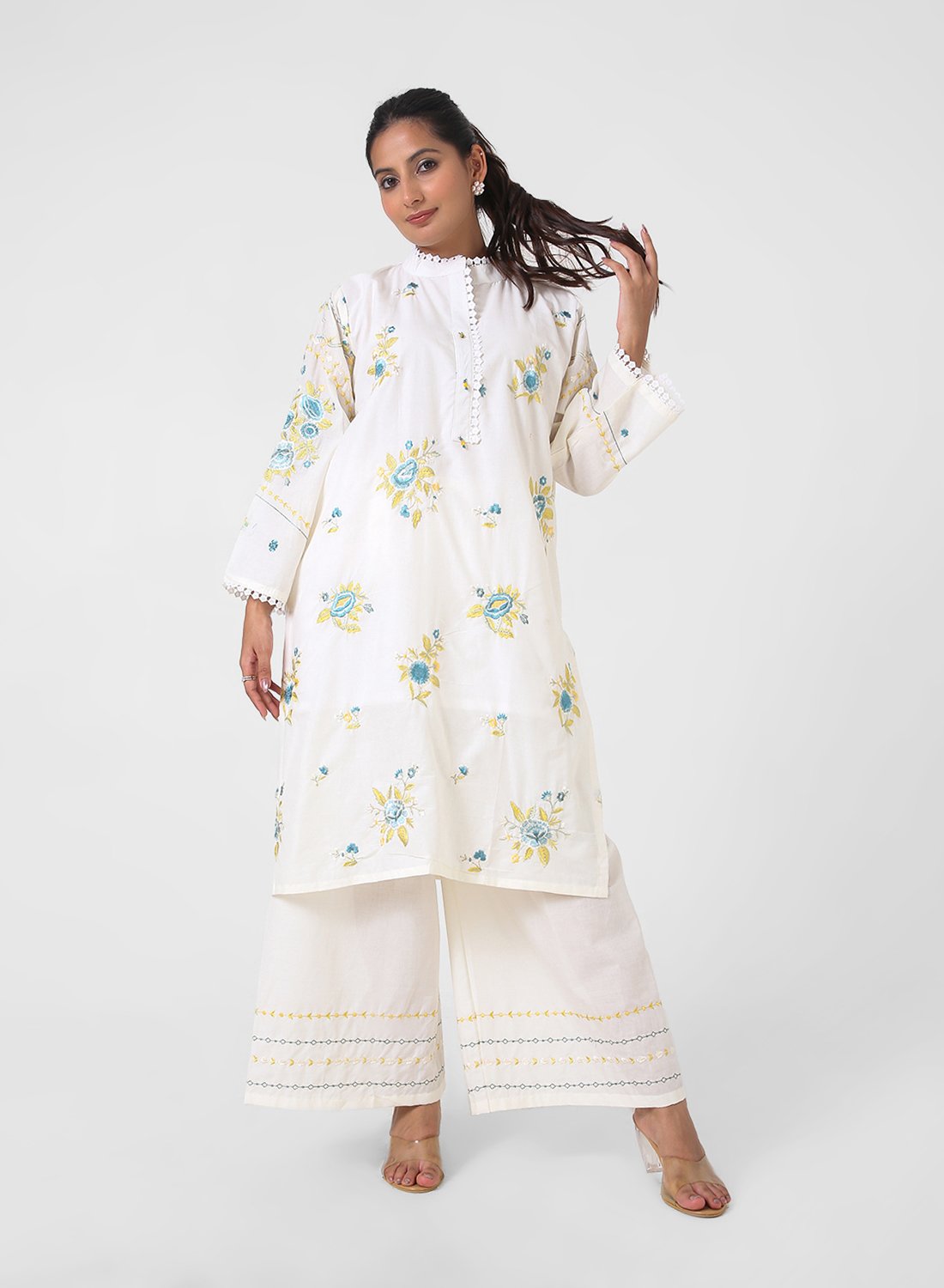 ivory embroidered kurta set, cotton kurta palazzo for women, mandarin collar kurta, breathable summer ethnic wear, floral threadwork kurta, wide‑leg palazzo co‑ord, everyday office wear set.