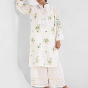 ivory embroidered kurta set, cotton kurta palazzo for women, mandarin collar kurta, breathable summer ethnic wear, floral threadwork kurta, wide‑leg palazzo co‑ord, everyday office wear set.