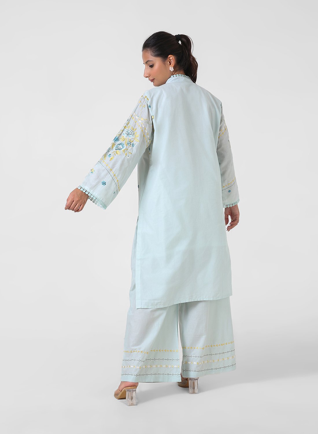 powder blue embroidered kurta set, cotton kurta palazzo for women, mandarin collar kurta, breathable summer ethnic wear, floral threadwork kurta, wide‑leg palazzo co‑ord, everyday office wear set.