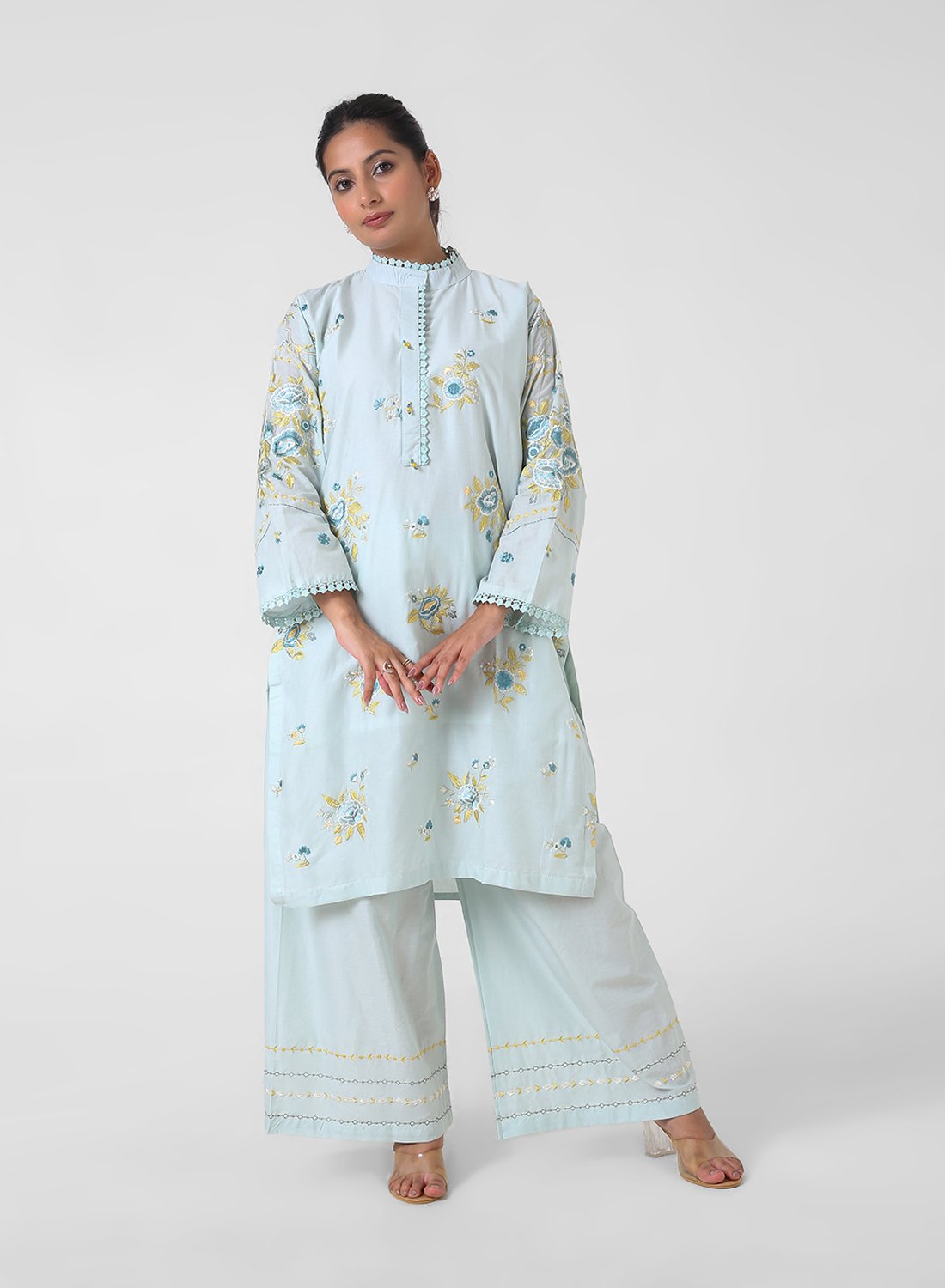 powder blue embroidered kurta set, cotton kurta palazzo for women, mandarin collar kurta, breathable summer ethnic wear, floral threadwork kurta, wide‑leg palazzo co‑ord, everyday office wear set.