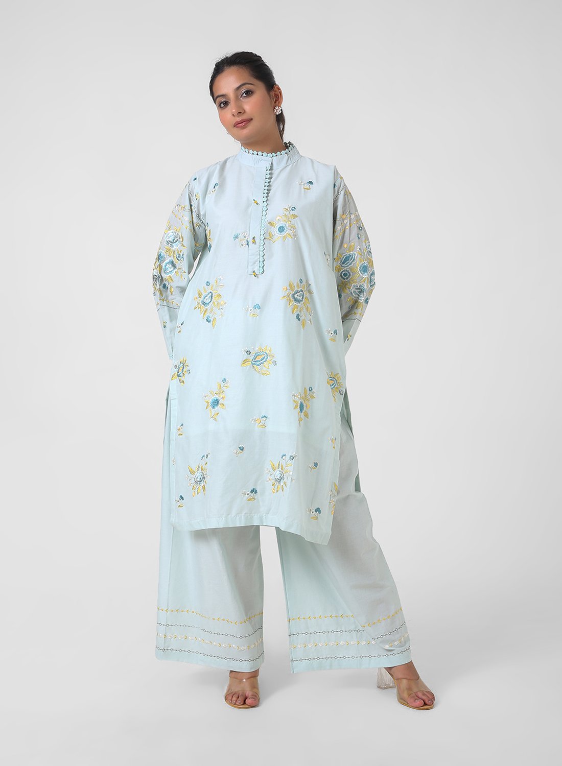 powder blue embroidered kurta set, cotton kurta palazzo for women, mandarin collar kurta, breathable summer ethnic wear, floral threadwork kurta, wide‑leg palazzo co‑ord, everyday office wear set.