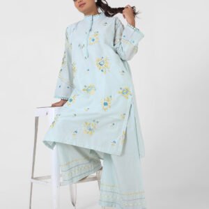 powder blue embroidered kurta set, cotton kurta palazzo for women, mandarin collar kurta, breathable summer ethnic wear, floral threadwork kurta, wide‑leg palazzo co‑ord, everyday office wear set.