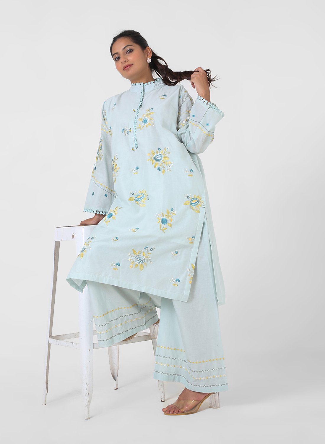 powder blue embroidered kurta set, cotton kurta palazzo for women, mandarin collar kurta, breathable summer ethnic wear, floral threadwork kurta, wide‑leg palazzo co‑ord, everyday office wear set.