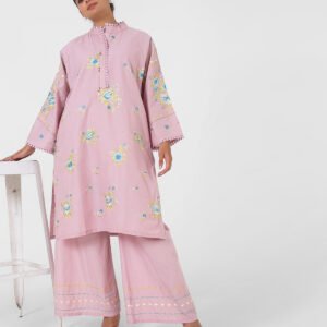 dusty rose embroidered kurta set, cotton kurta palazzo for women, mandarin collar kurta, breathable summer ethnic wear, floral threadwork kurta, wide‑leg palazzo co‑ord, everyday office wear set.