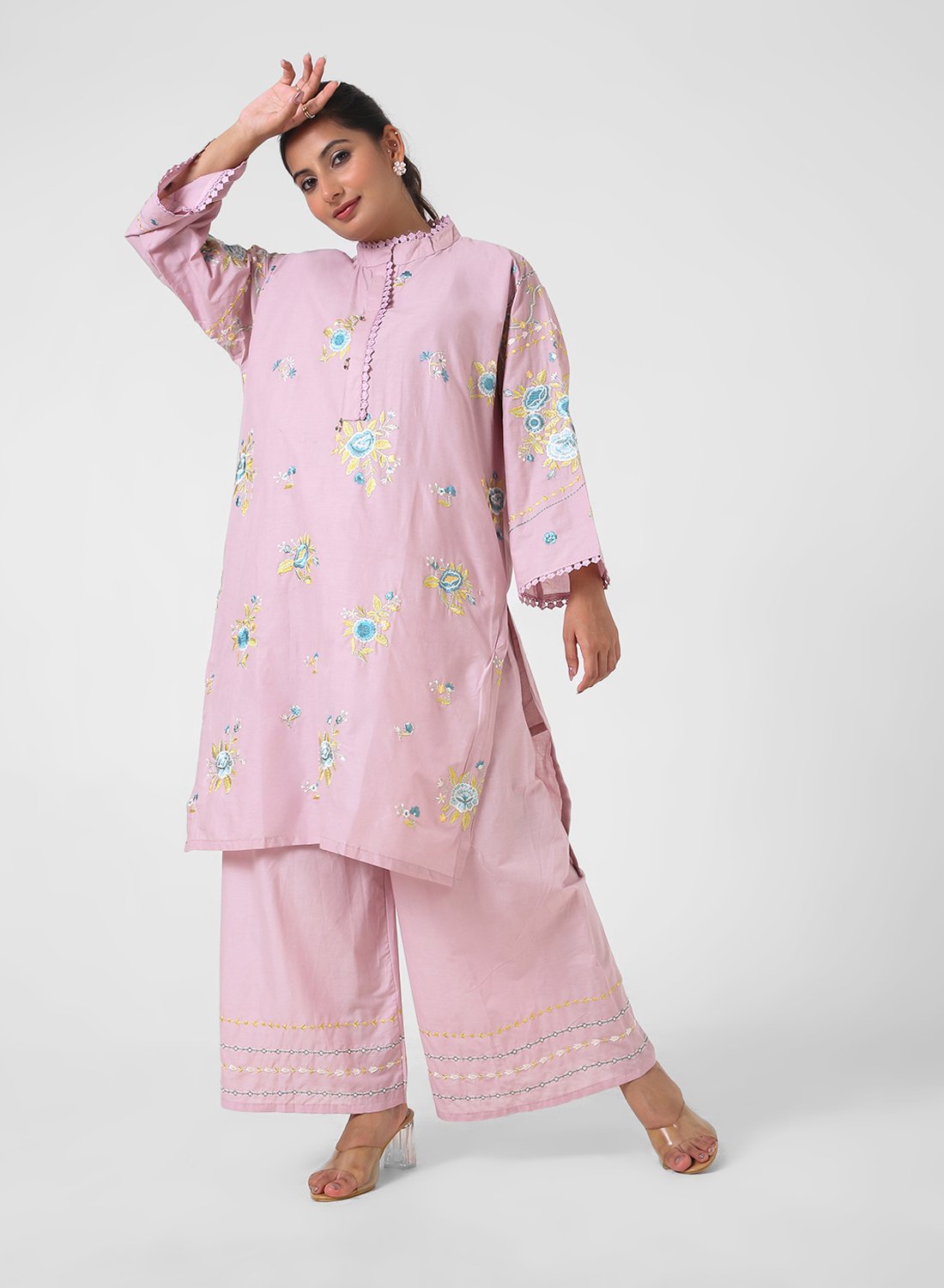 dusty rose embroidered kurta set, cotton kurta palazzo for women, mandarin collar kurta, breathable summer ethnic wear, floral threadwork kurta, wide‑leg palazzo co‑ord, everyday office wear set.