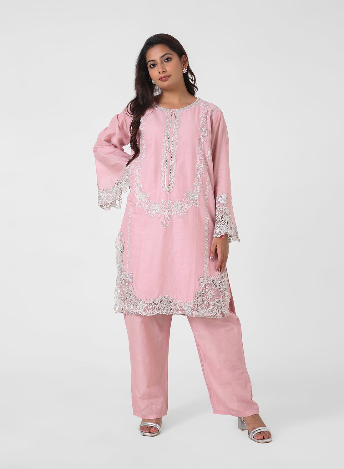 blush pink lace kurta set, embroidered cotton kurta pants, women’s occasion wear suit, scalloped lace hem kurta, pastel festive outfit, straight fit kurta set, elegant ethnic set for women.