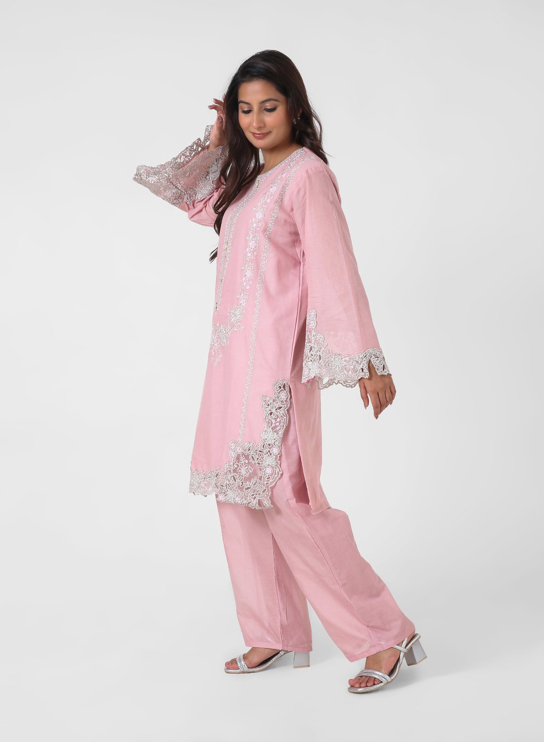 blush pink lace kurta set, embroidered cotton kurta pants, women’s occasion wear suit, scalloped lace hem kurta, pastel festive outfit, straight fit kurta set, elegant ethnic set for women.
