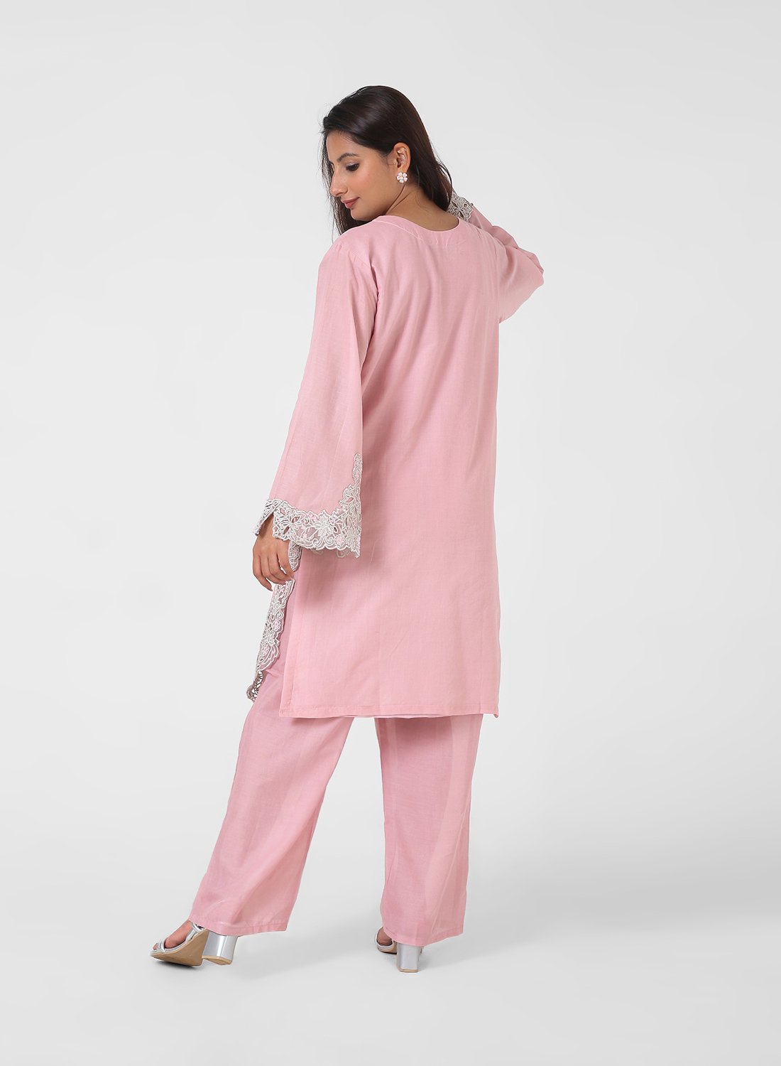blush pink lace kurta set, embroidered cotton kurta pants, women’s occasion wear suit, scalloped lace hem kurta, pastel festive outfit, straight fit kurta set, elegant ethnic set for women.
