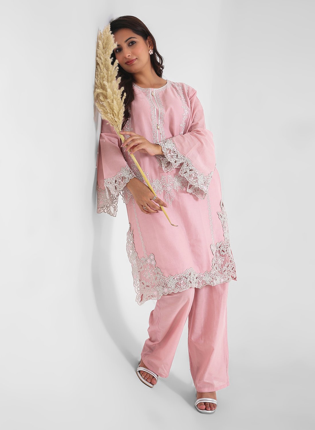 blush pink lace kurta set, embroidered cotton kurta pants, women’s occasion wear suit, scalloped lace hem kurta, pastel festive outfit, straight fit kurta set, elegant ethnic set for women.