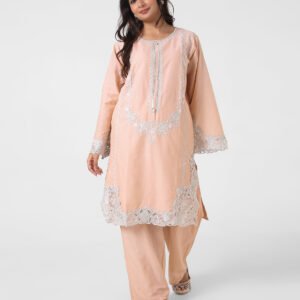 peach lace kurta set, embroidered cotton kurta pants, women’s occasion wear suit, scalloped lace hem kurta, pastel festive outfit, straight fit kurta set, elegant ethnic set for women.