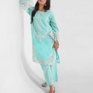 aqua lace kurta set, embroidered cotton kurta pants, women’s occasion wear suit, scalloped lace hem kurta, pastel festive outfit, straight fit kurta set, elegant ethnic set for women.