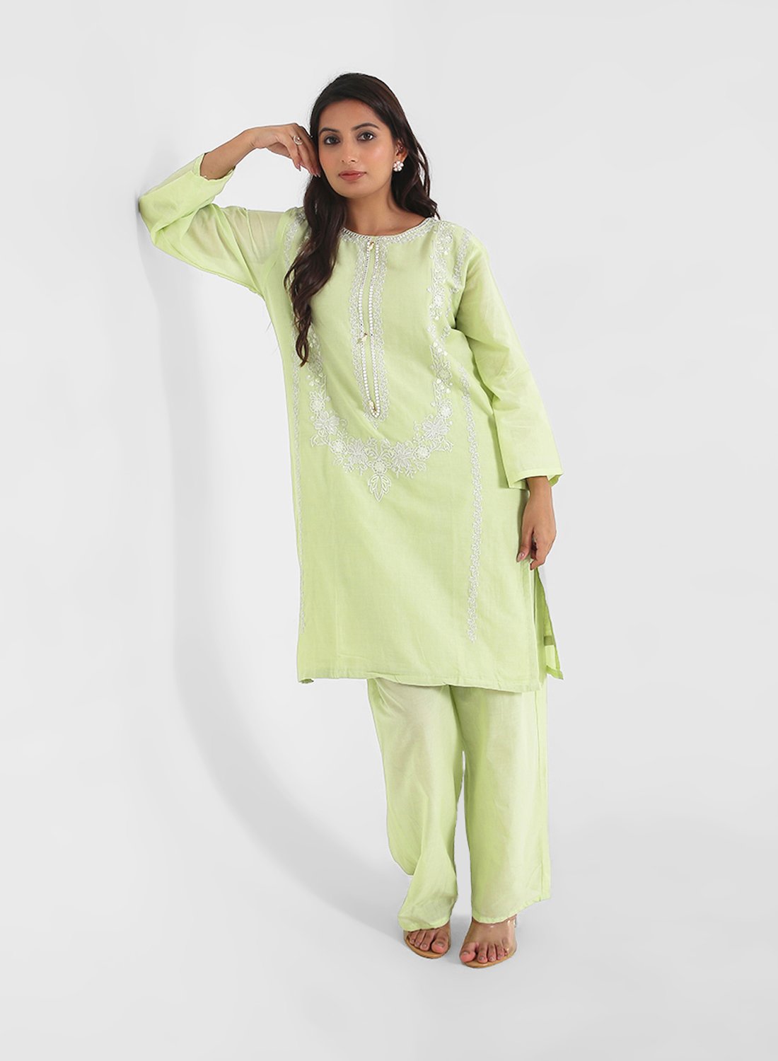 pistachio green lace kurta set, embroidered cotton kurta pants, pastel festive outfit for women, scalloped lace hem kurta, straight fit kurta set, elegant ethnic set for women.